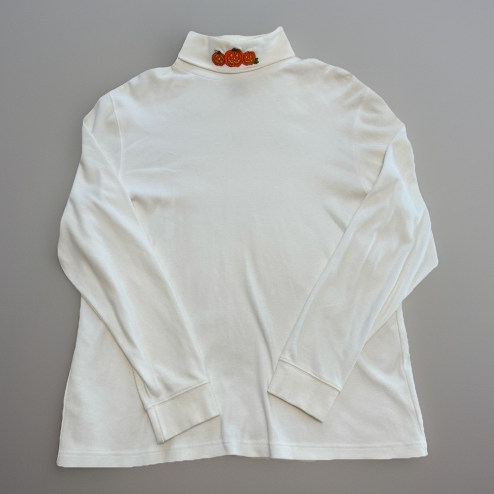 Vintage 90s Streetwear Womens XL Halloween Pumpkin Turtleneck T-Shirt White-Cozy